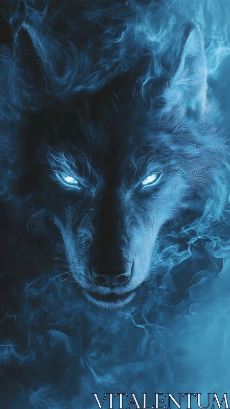 Blue spectral wolf head emerging from dense swirling smoke.