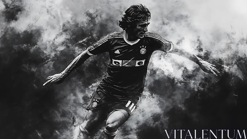 Storm-lit soccer sprint in bold monochrome motion painting.