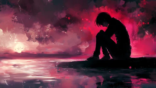 Solitary figure at sunset on reflective waterfront platform.