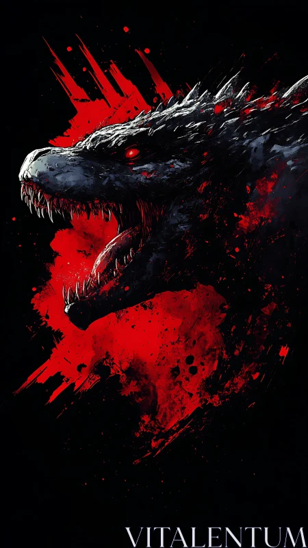 Ferocious kaiju head erupts from blood-red splatter void