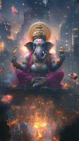 Futuristic Ganesha deity levitates above blazing neon city