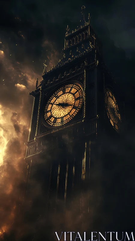 Gothic clock tower engulfed in dramatic burning clouds.