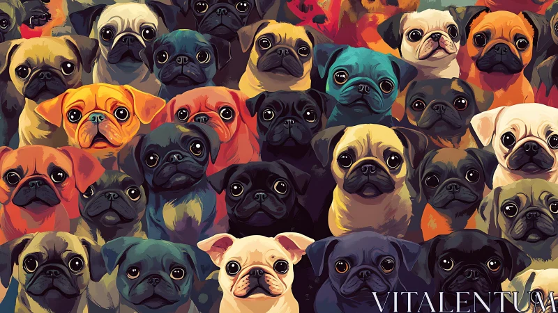 Playful pug collage bursts with bold, vivid character