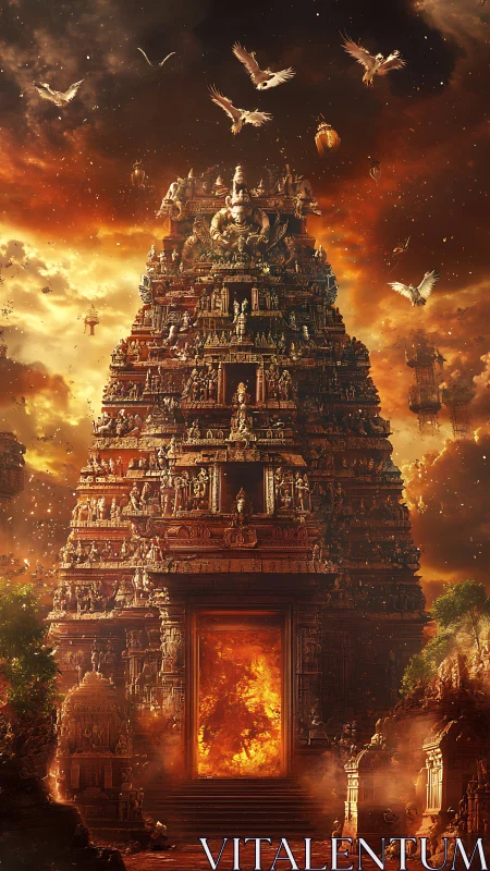 Temple gateway ignites beneath an apocalyptic, burning sky.