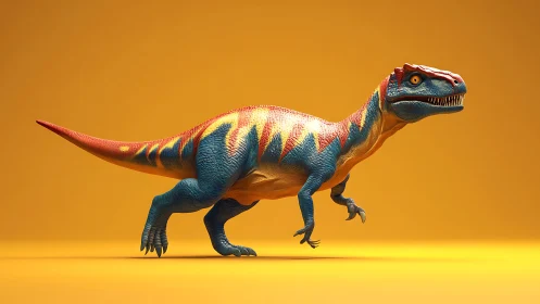 Neon sprinting dino with candy-striped armor and glare.