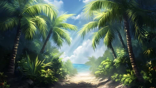 Tropical Beach Paradise Through Palm Trees.
