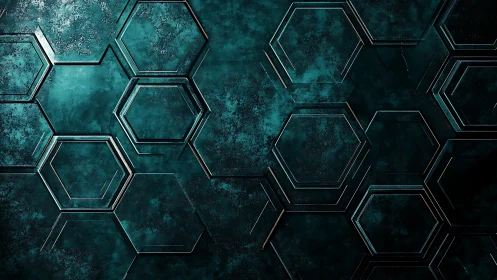 Hexagonal metal lattice with teal patina and shallow relief geometry.