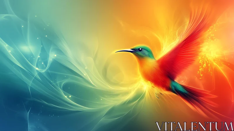 Chromatic firebird streaks through swirling aurora skies.