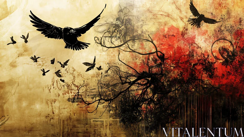 Silhouetted birds over abstract branches and textured sky.