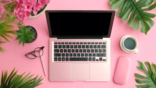 Chromatic workstation topology with rose-gold laptop focus.