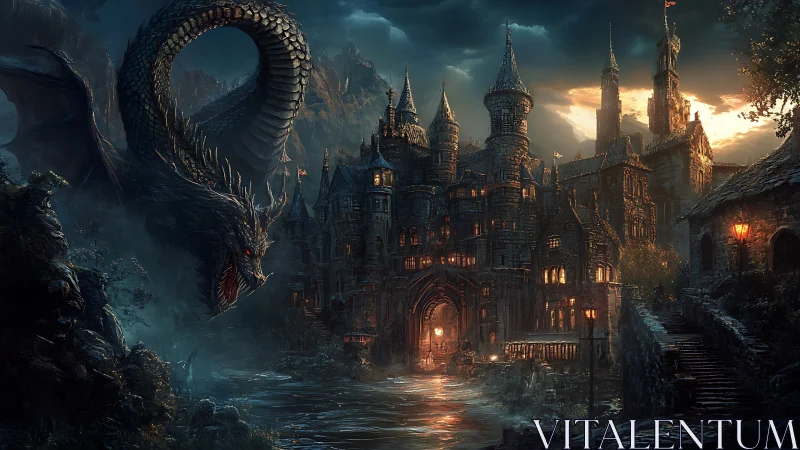Dark dragon confronting fortified riverside stone castle at dusk.