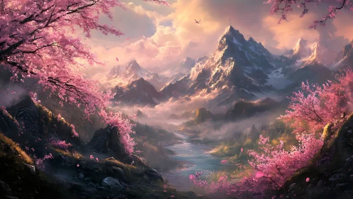 Digital painting of alpine river valley with sakura foreground framing.