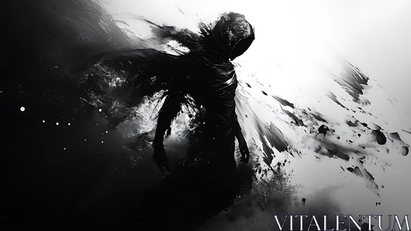 Hooded shadow figure dissolves into stark monochrome void