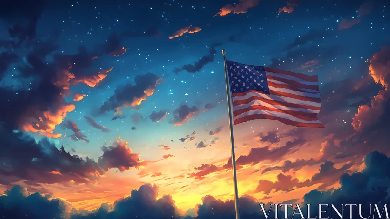 Stars and stripes breathe against a dream-bright twilight sky