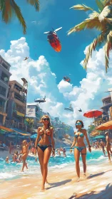 Futuristic tropical beachfront with low-altitude aircraft traffic