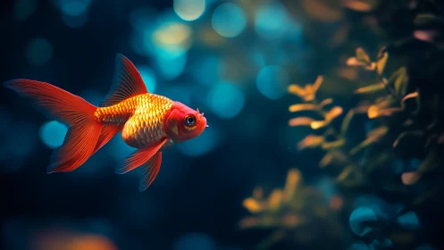Stargazer goldfish drifting through neon-tinted aquarium dusk.