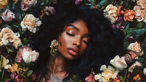 Bloom-Wrapped Serenity: Portrait Nestled in Dark Florals.