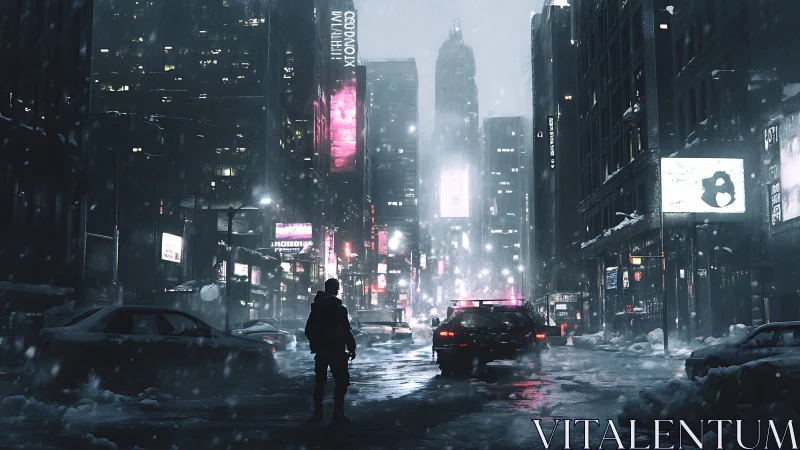 Lone drifter in neon snowfall crossing a drowned city street.