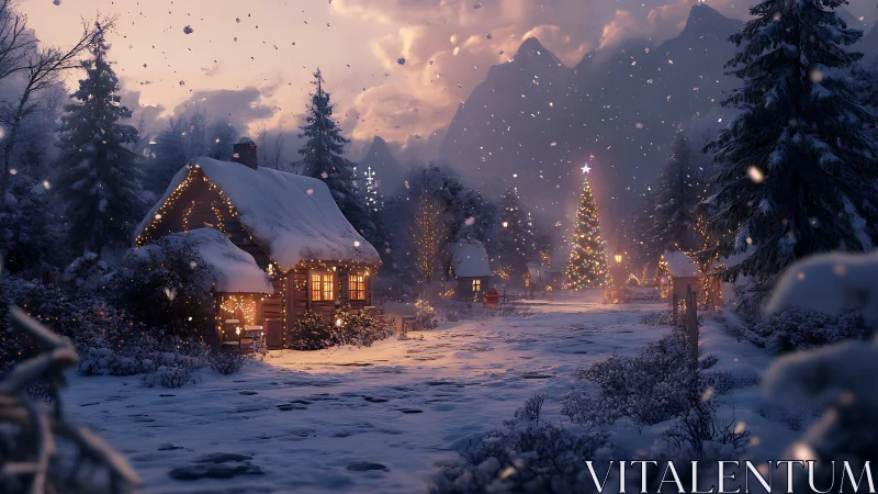 Snow-covered village cabins with illuminated holiday tree.