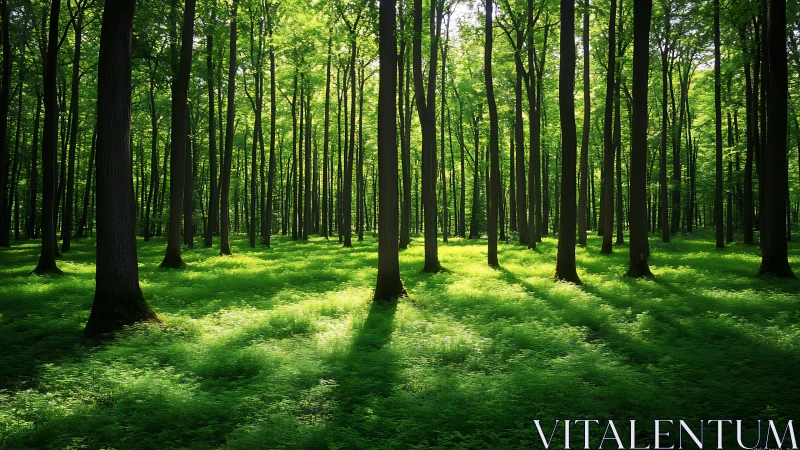 Sunlit forest with tall trees and lush green foliage, serene natural style.