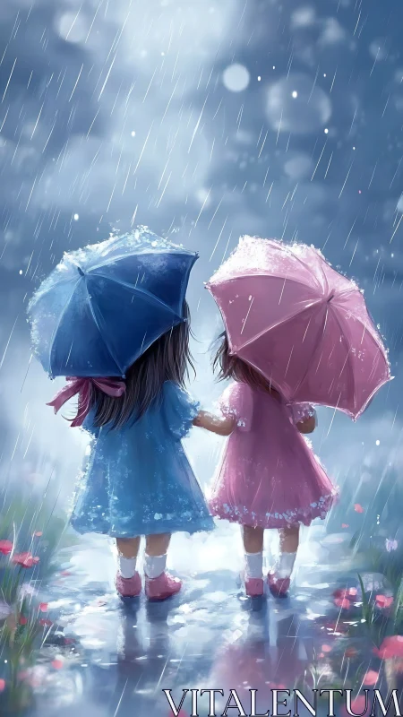 Backlit girls with umbrellas stand in reflective rain-soaked path