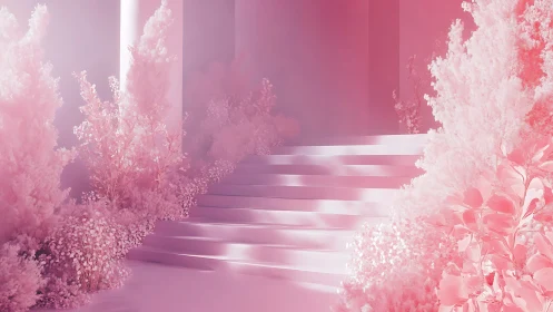 Dreamy pink garden staircase wrapped in soft cotton light.