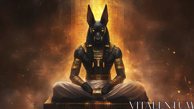 Ancient jackal god sits in blazing golden temple haze