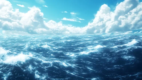 Specular mid‑ocean wavefield under cumuliform sky illumination.