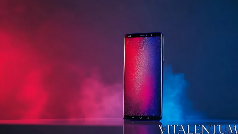Sleek smartphone glowing in red and blue atmospheric haze.