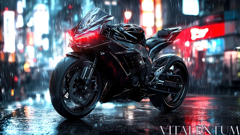 Futuristic sport motorcycle in neon lit rainy city street.