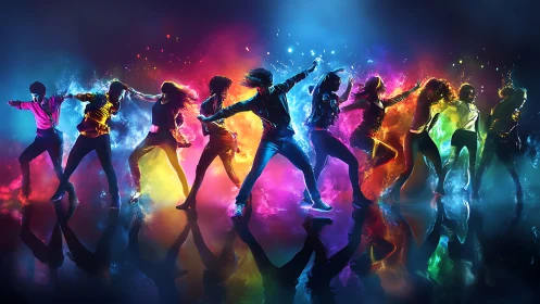 Joyful dancers moving through vibrant clouds of color.