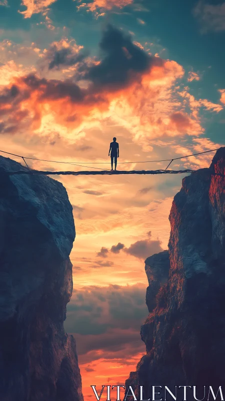Silhouette on rope bridge divides glowing canyon sky at dusk