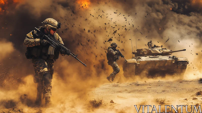 Photorealistic battlefield composition with armored infantry action.