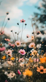Cosmos Blossoms Dancing Against Summer Sky.