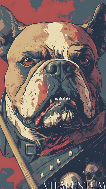 Graphic poster of militant bulldog portrait in bold hues.