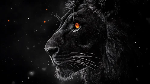 Black lion profile with glowing orange eye on dark background