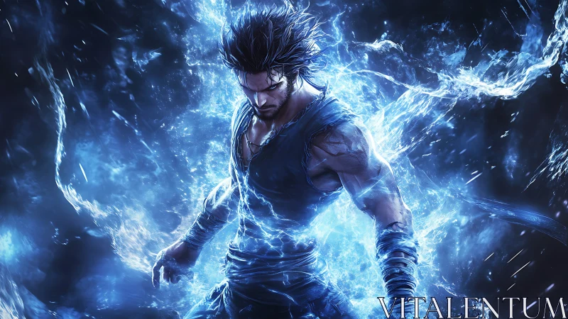 Electric warrior channels blue energy storm around body