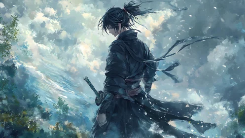 Stormlit ronin overlooking misty valley in painterly blues.