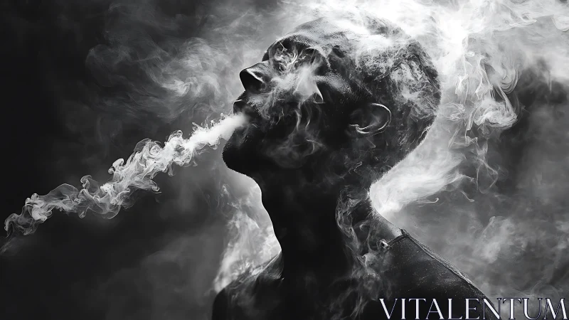 High-contrast monochrome portrait isolates exhaled vapor trail