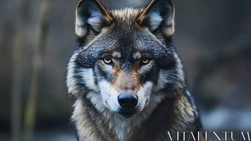Front-facing gray wolf portrait in natural outdoor habitat.