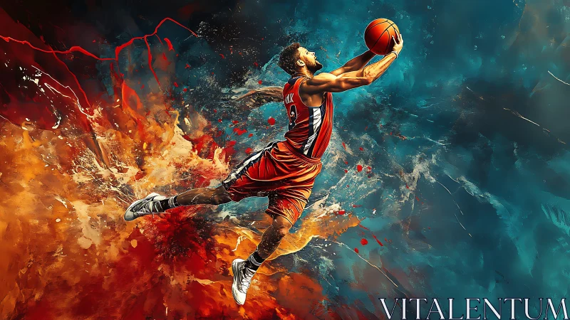 Dynamic basketball player soars through explosive color storm.