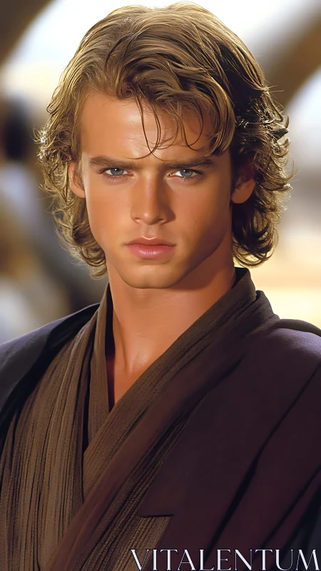 Stoic young warrior in brown robes, cinematic portrait.