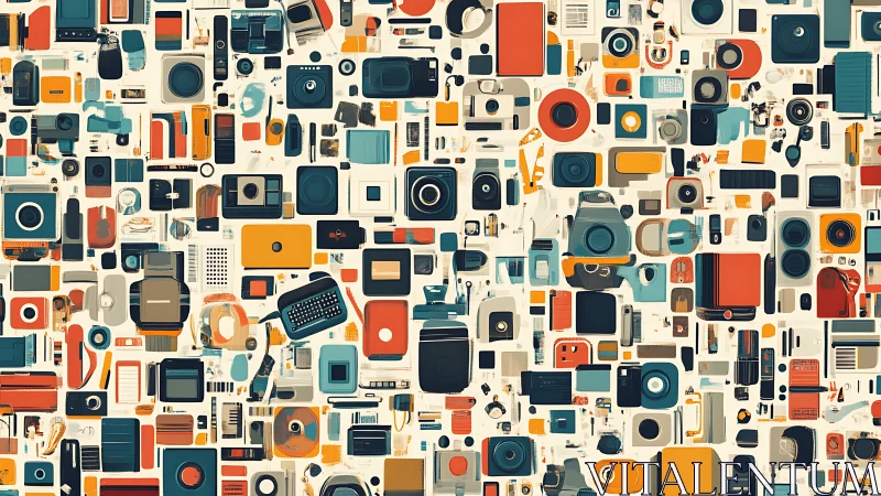 Colorful retro gadgets form dense geometric technology mosaic