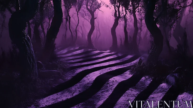 Twilight zebra path winding through a haunted violet forest.