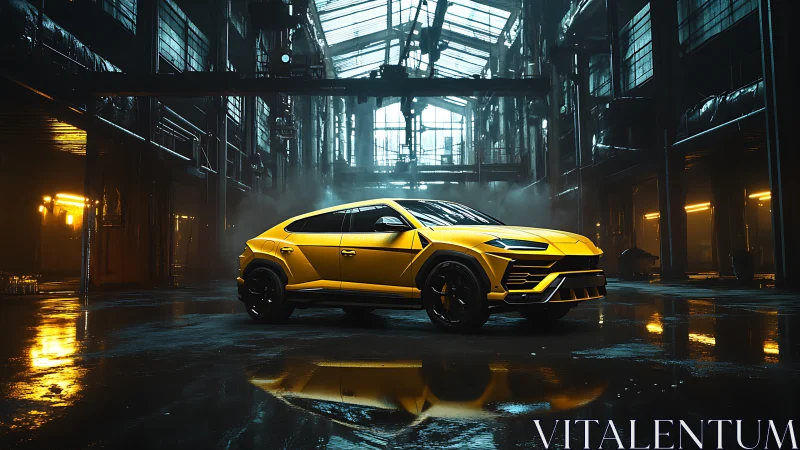 Yellow super SUV dominates moody industrial warehouse scene.