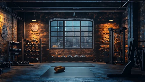 Industrial style gym with weights and city window view.