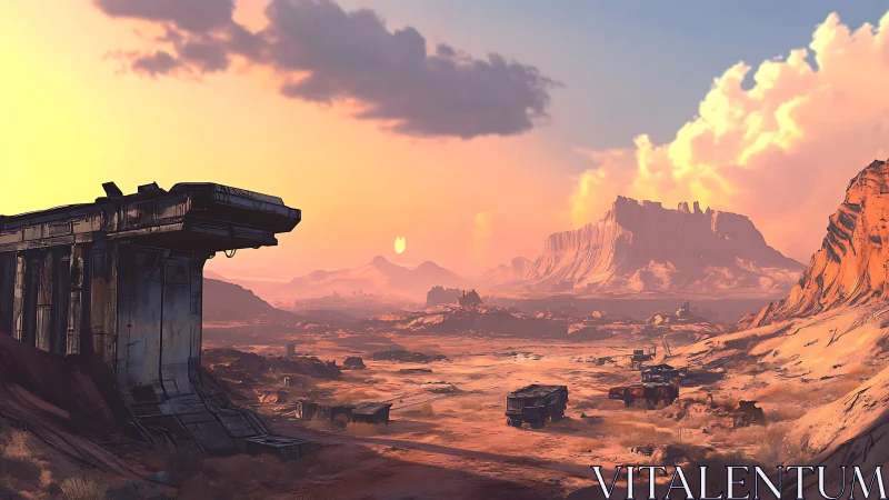 Desert landscape with ruined overpass and distant mesas.