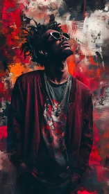 Street portrait in expressive red acrylic splatter background.