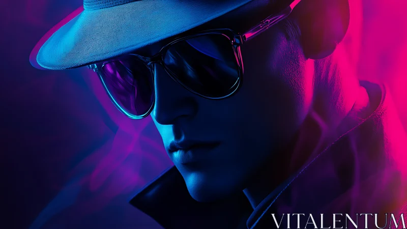 Neon side-lit detective portrait with mirrored sunglasses profile