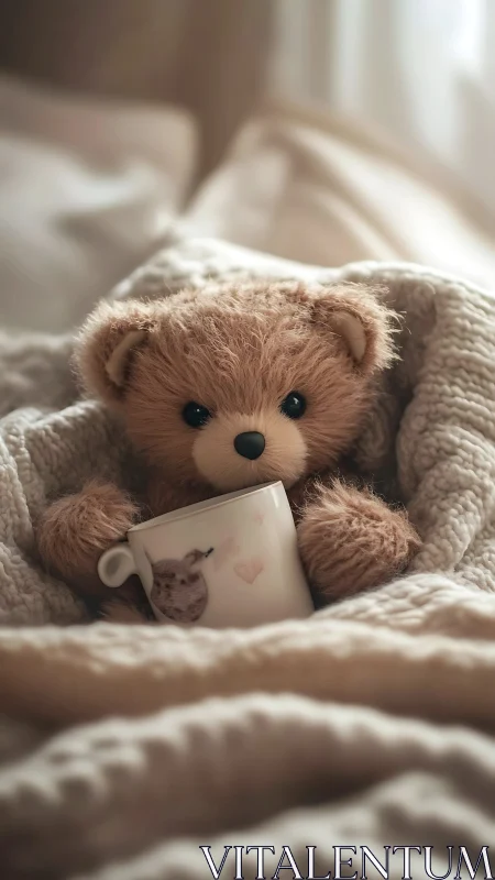 Photoreal plush teddy bear with mug in soft knitted blankets